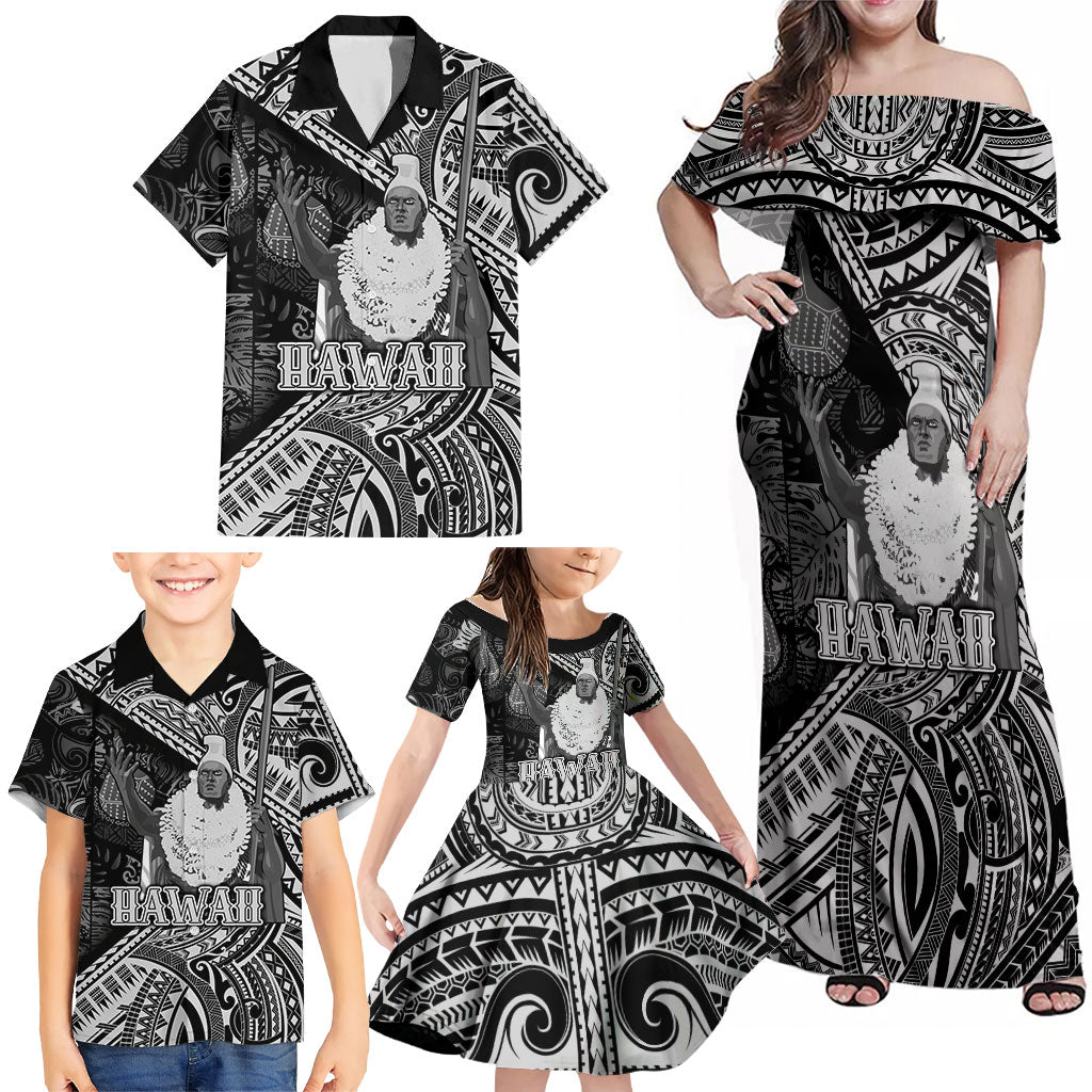 Hawaii King Kamehameha Family Matching Off Shoulder Maxi Dress and Hawaiian Shirt With Hawaiian Ipu Motifs Black Version LT05 - Polynesian Pride