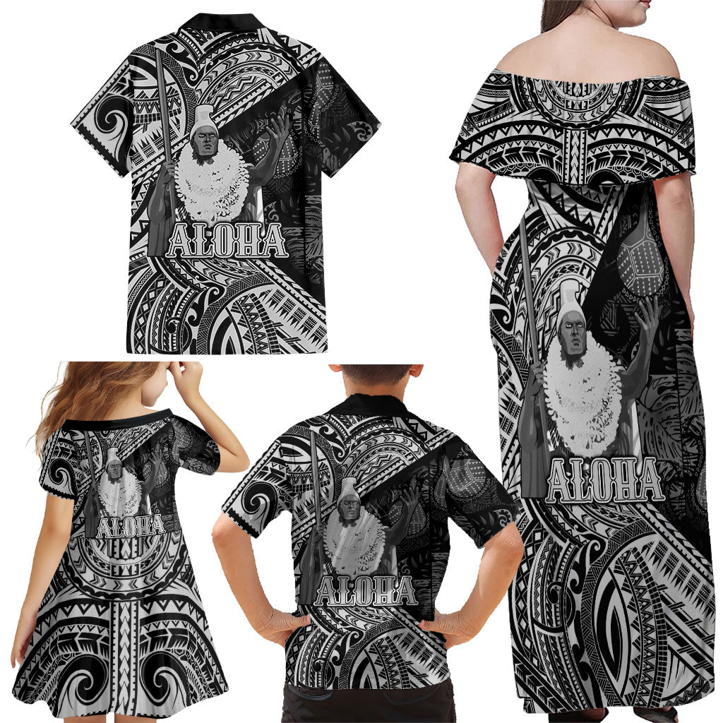 Hawaii King Kamehameha Family Matching Off Shoulder Maxi Dress and Hawaiian Shirt With Hawaiian Ipu Motifs Black Version LT05 - Polynesian Pride