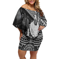 Hawaii King Kamehameha Family Matching Off Shoulder Short Dress and Hawaiian Shirt With Hawaiian Ipu Motifs Black Version LT05 Mom's Dress Black - Polynesian Pride
