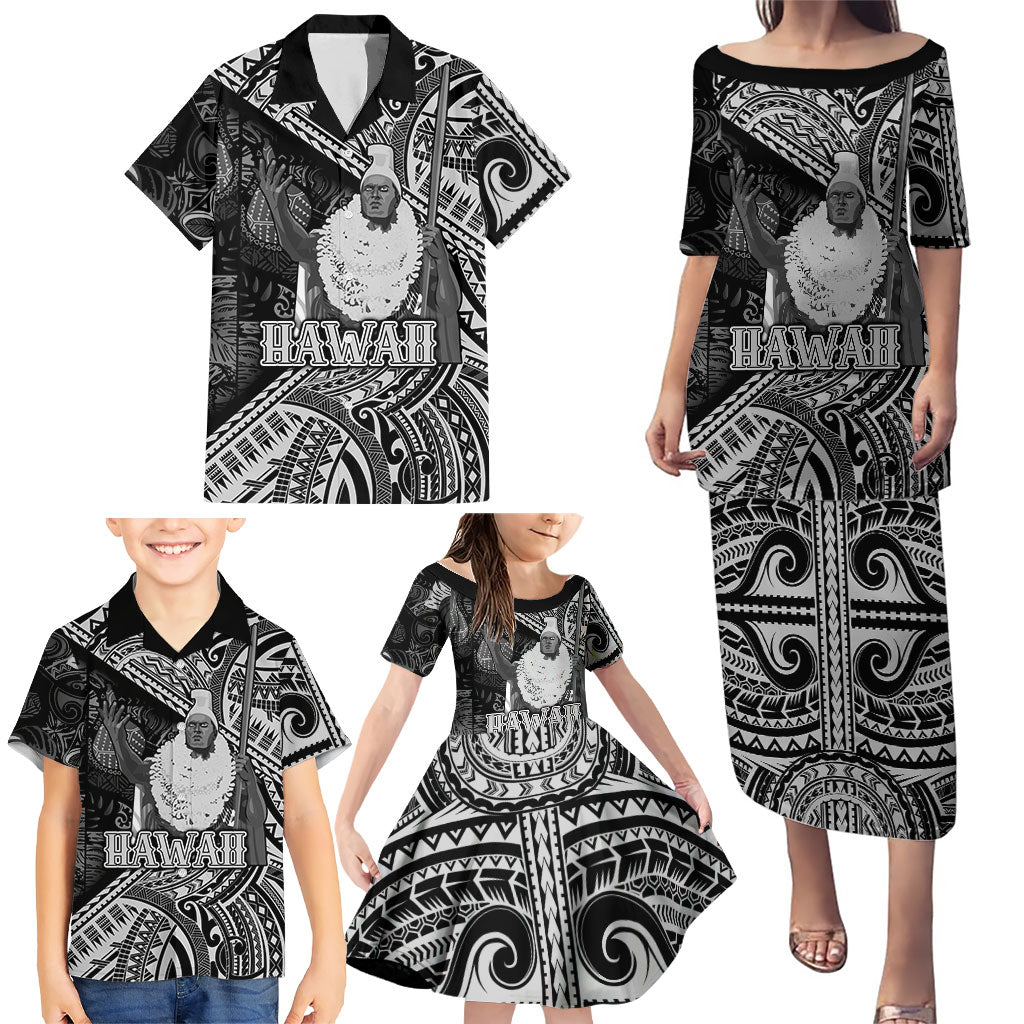 Hawaii King Kamehameha Family Matching Puletasi and Hawaiian Shirt With Hawaiian Ipu Motifs Black Version
