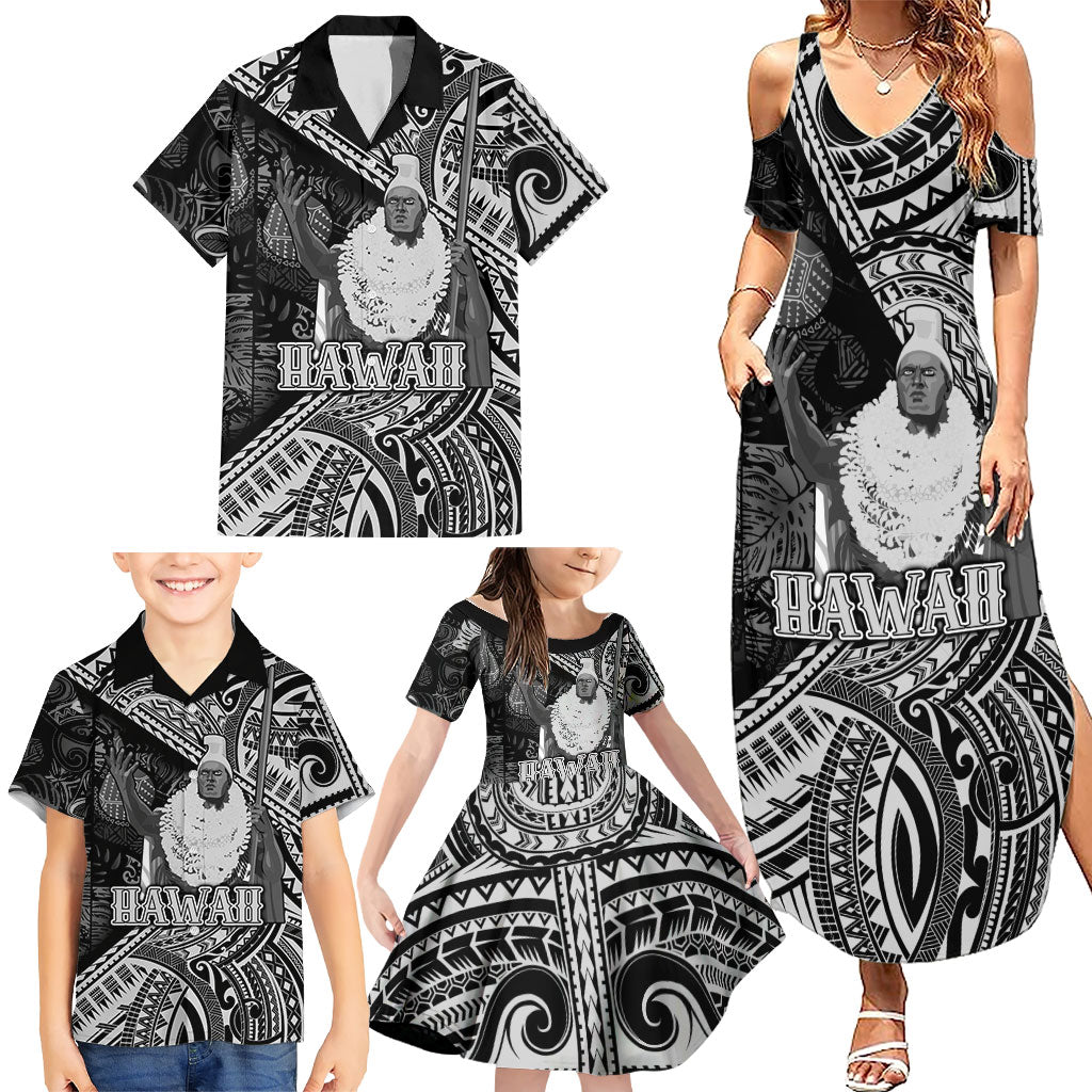 Hawaii King Kamehameha Family Matching Summer Maxi Dress and Hawaiian Shirt With Hawaiian Ipu Motifs Black Version LT05 - Polynesian Pride