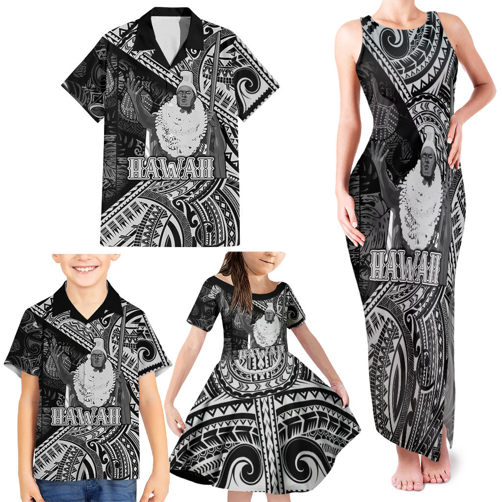 Hawaii King Kamehameha Family Matching Tank Maxi Dress and Hawaiian Shirt With Hawaiian Ipu Motifs Black Version LT05 - Polynesian Pride