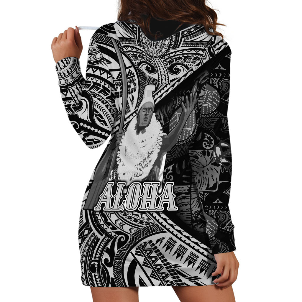 Hawaii King Kamehameha Hoodie Dress With Hawaiian Ipu Motifs Black Version LT05 - Polynesian Pride