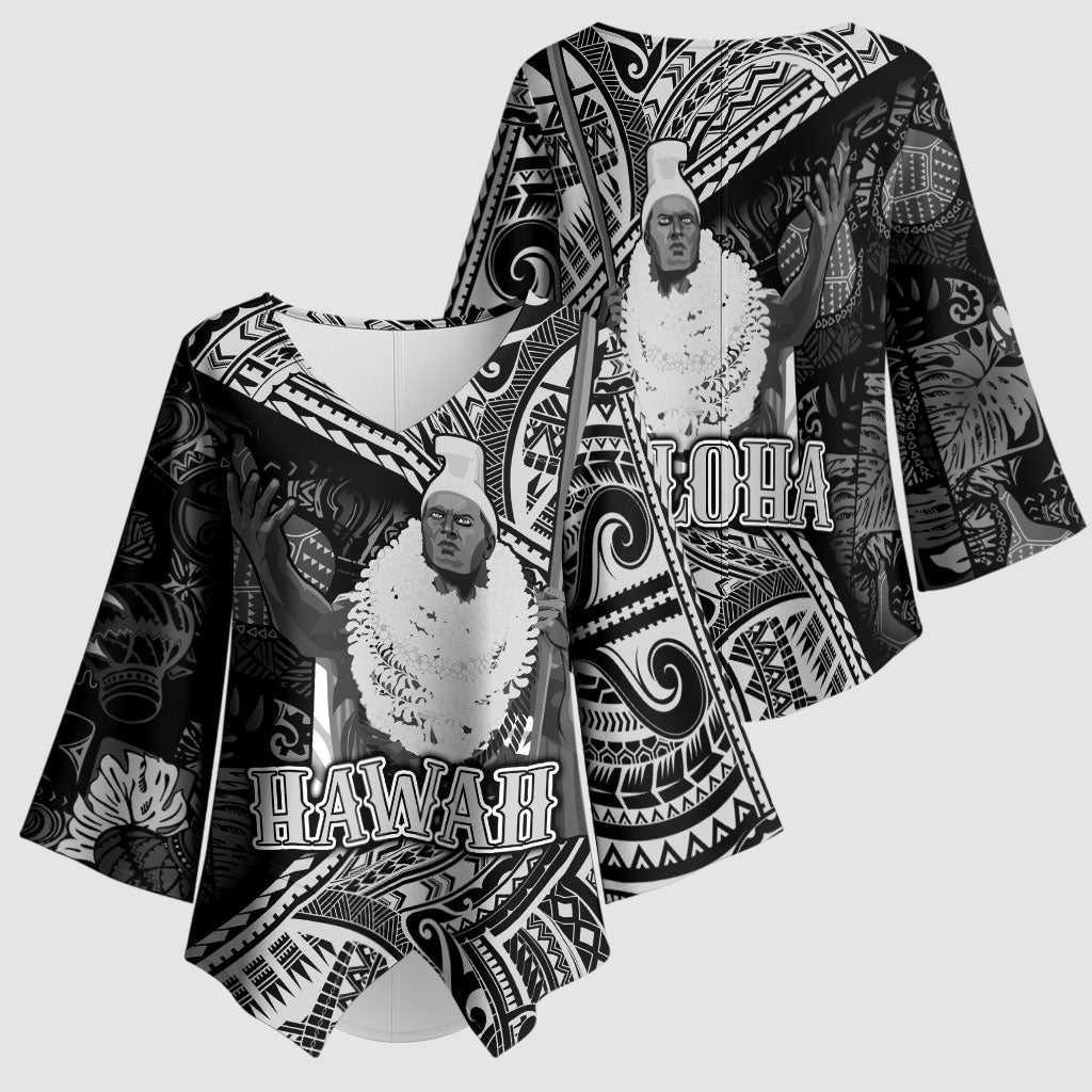 Hawaii King Kamehameha Kimono Sleeve Blouse With Hawaiian Ipu Motifs Black Version