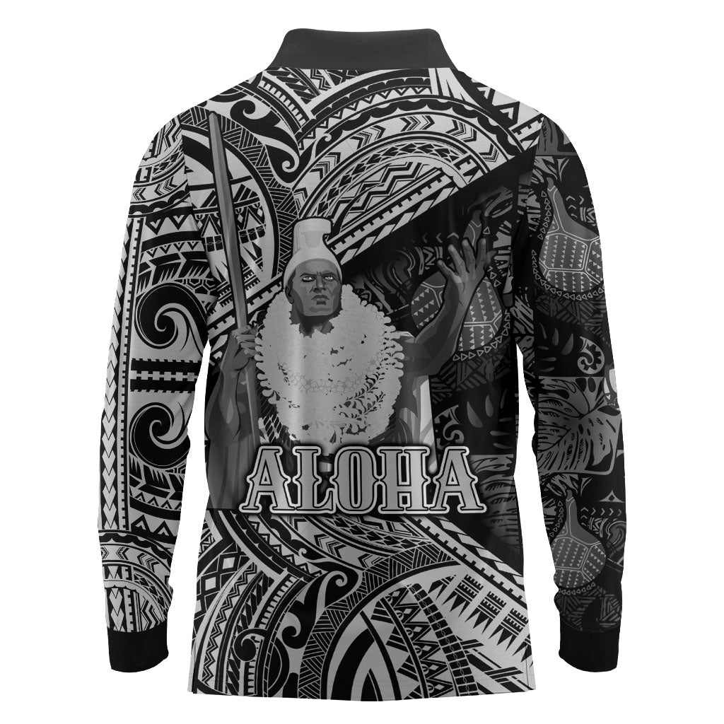 Hawaii King Kamehameha Long Sleeve Polo Shirt With Hawaiian Ipu Motifs Black Version