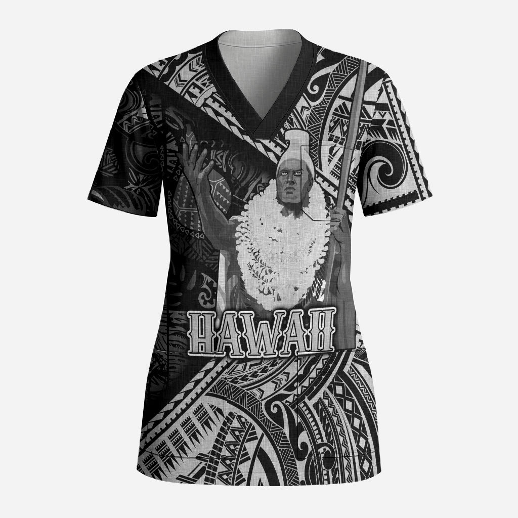 Hawaii King Kamehameha Scrub Top With Hawaiian Ipu Motifs Black Version