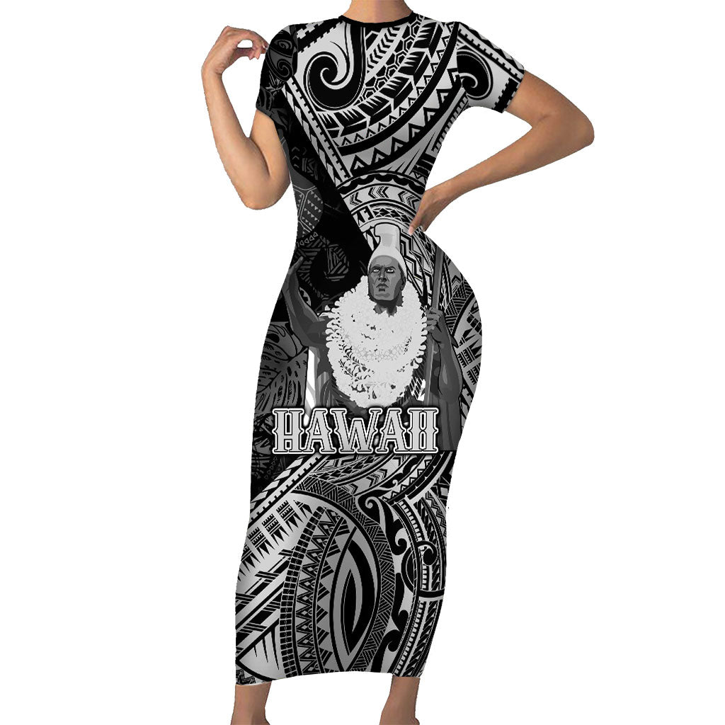 Hawaii King Kamehameha Short Sleeve Bodycon Dress With Hawaiian Ipu Motifs Black Version
