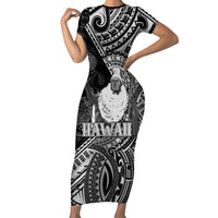 Hawaii King Kamehameha Short Sleeve Bodycon Dress With Hawaiian Ipu Motifs Black Version