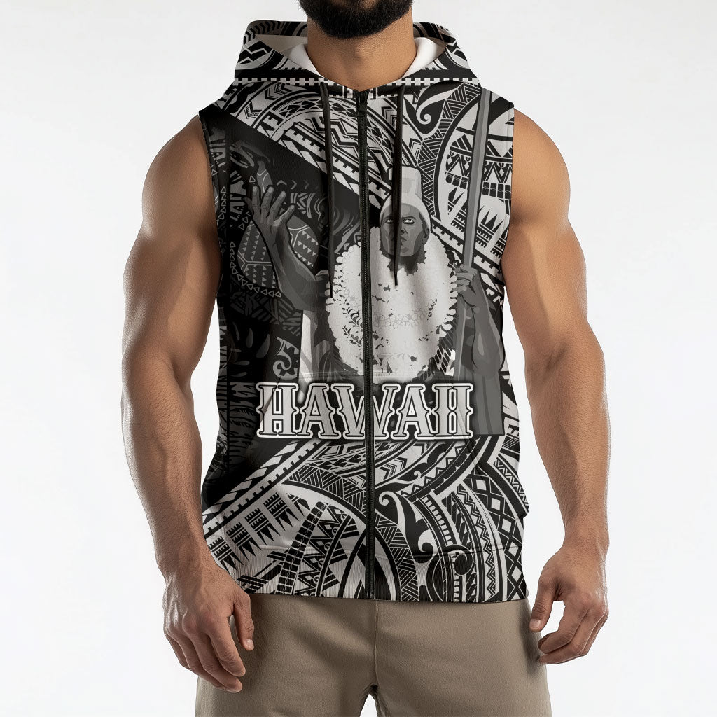 Hawaii King Kamehameha Sleeveless Zip Hoodie With Hawaiian Ipu Motifs Black Version