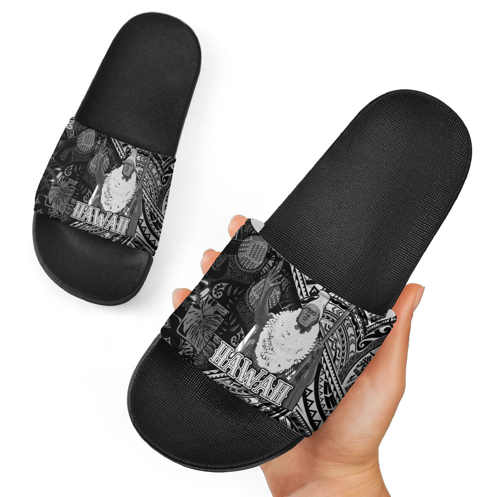Hawaii King Kamehameha Slide Sandals With Hawaiian Ipu Motifs Black Version