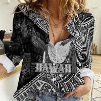 Hawaii King Kamehameha Women Casual Shirt With Hawaiian Ipu Motifs Black Version LT05 Female Black - Polynesian Pride