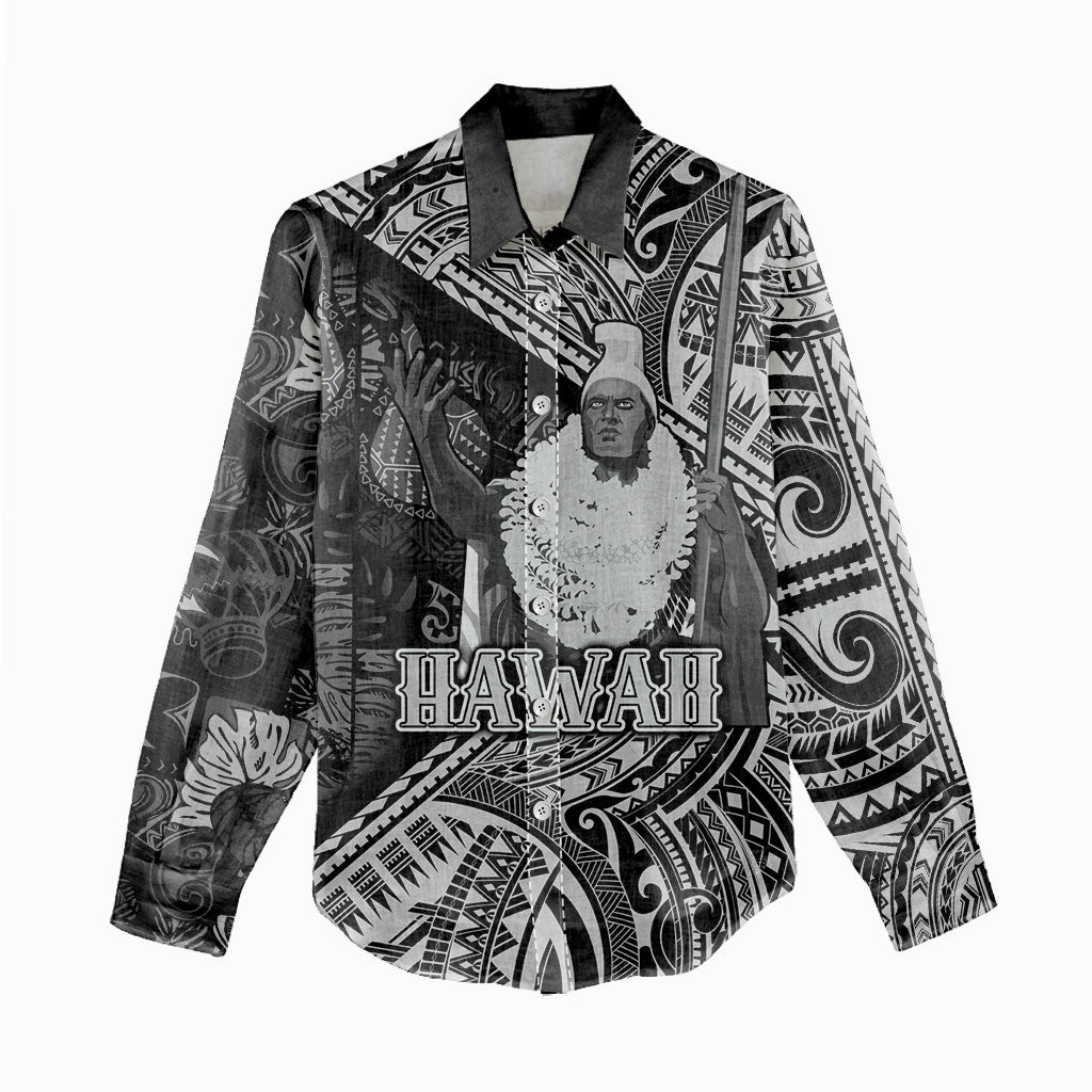 Hawaii King Kamehameha Women Casual Shirt With Hawaiian Ipu Motifs Black Version LT05 - Polynesian Pride