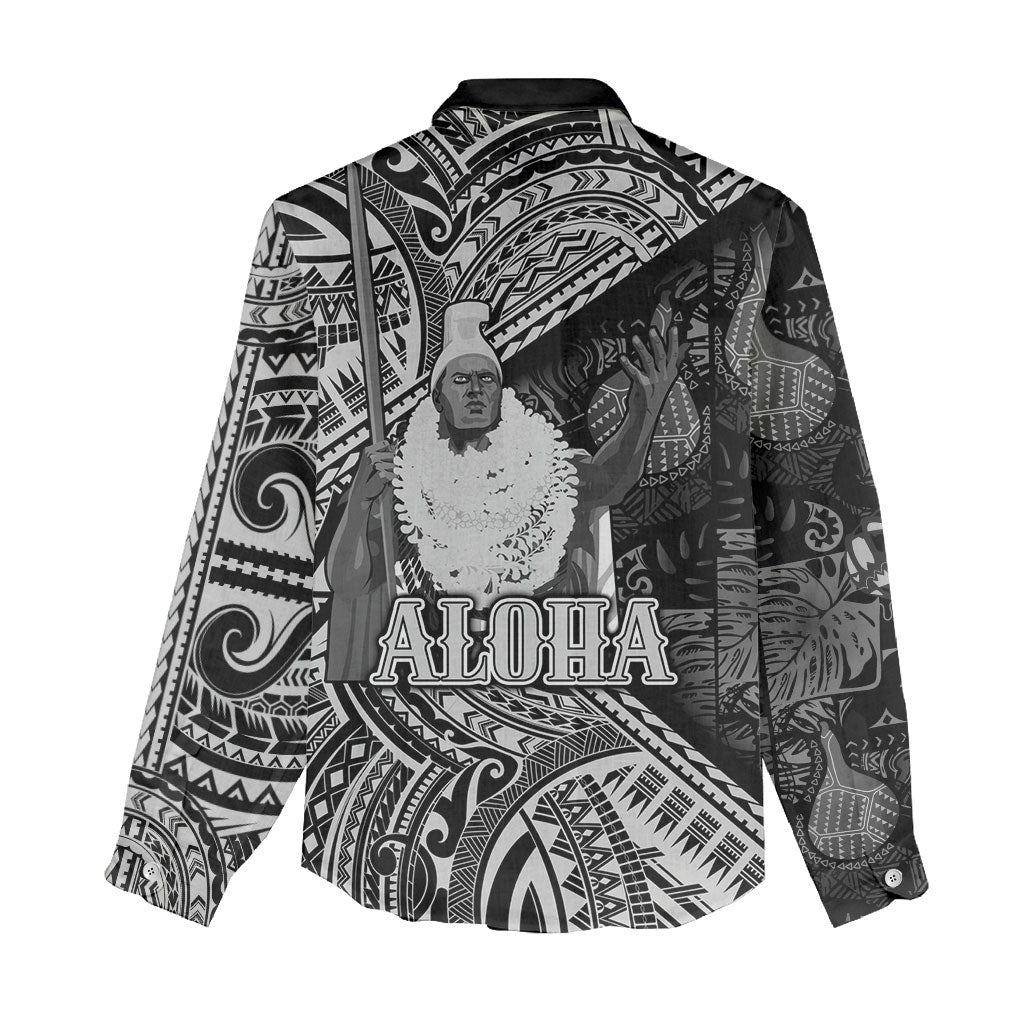 Hawaii King Kamehameha Women Casual Shirt With Hawaiian Ipu Motifs Black Version LT05 - Polynesian Pride