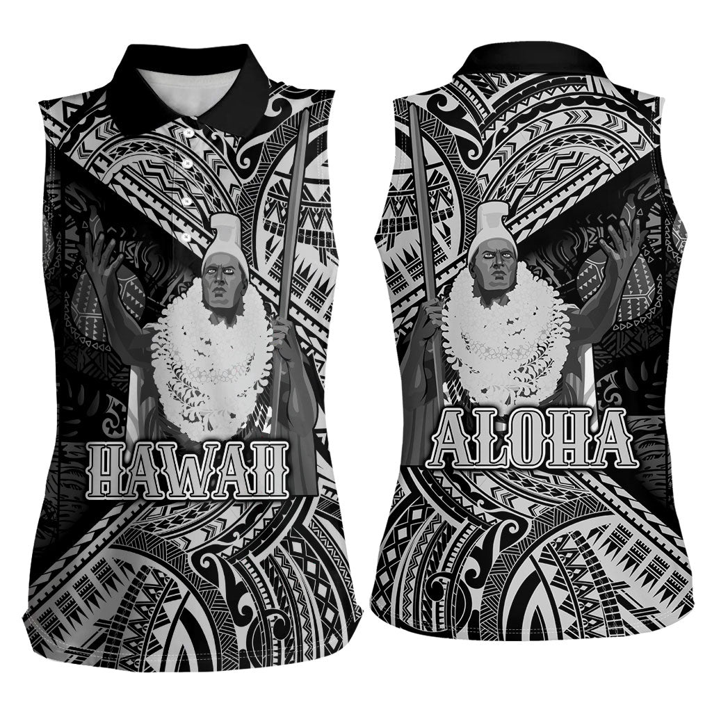 Hawaii King Kamehameha Women Sleeveless Polo Shirt With Hawaiian Ipu Motifs Black Version LT05 - Polynesian Pride