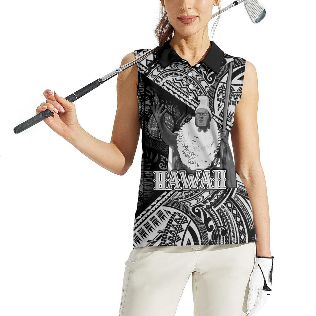 Hawaii King Kamehameha Women Sleeveless Polo Shirt With Hawaiian Ipu Motifs Black Version LT05 - Polynesian Pride