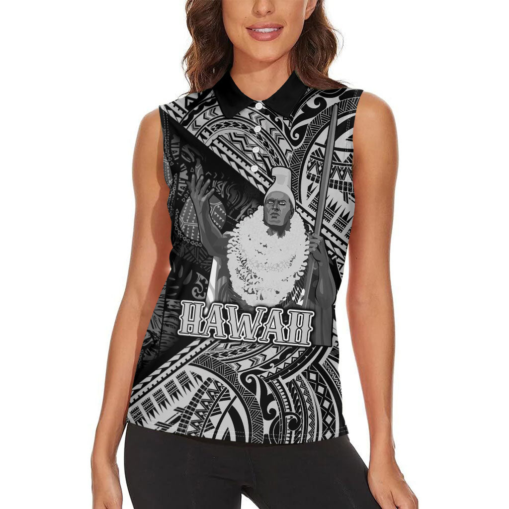 Hawaii King Kamehameha Women Sleeveless Polo Shirt With Hawaiian Ipu Motifs Black Version LT05 - Polynesian Pride