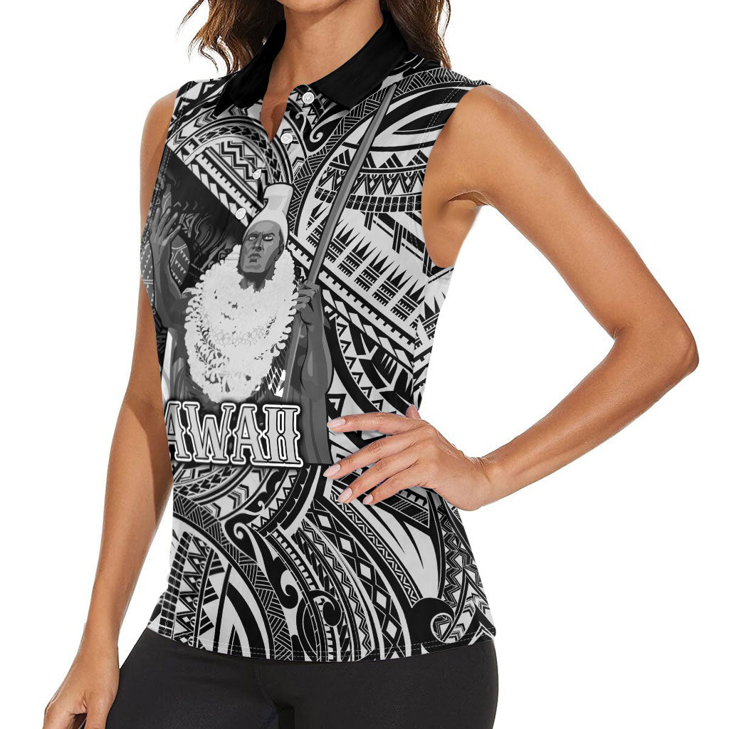 Hawaii King Kamehameha Women Sleeveless Polo Shirt With Hawaiian Ipu Motifs Black Version LT05 - Polynesian Pride