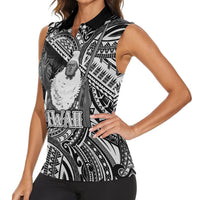 Hawaii King Kamehameha Women Sleeveless Polo Shirt With Hawaiian Ipu Motifs Black Version LT05 - Polynesian Pride