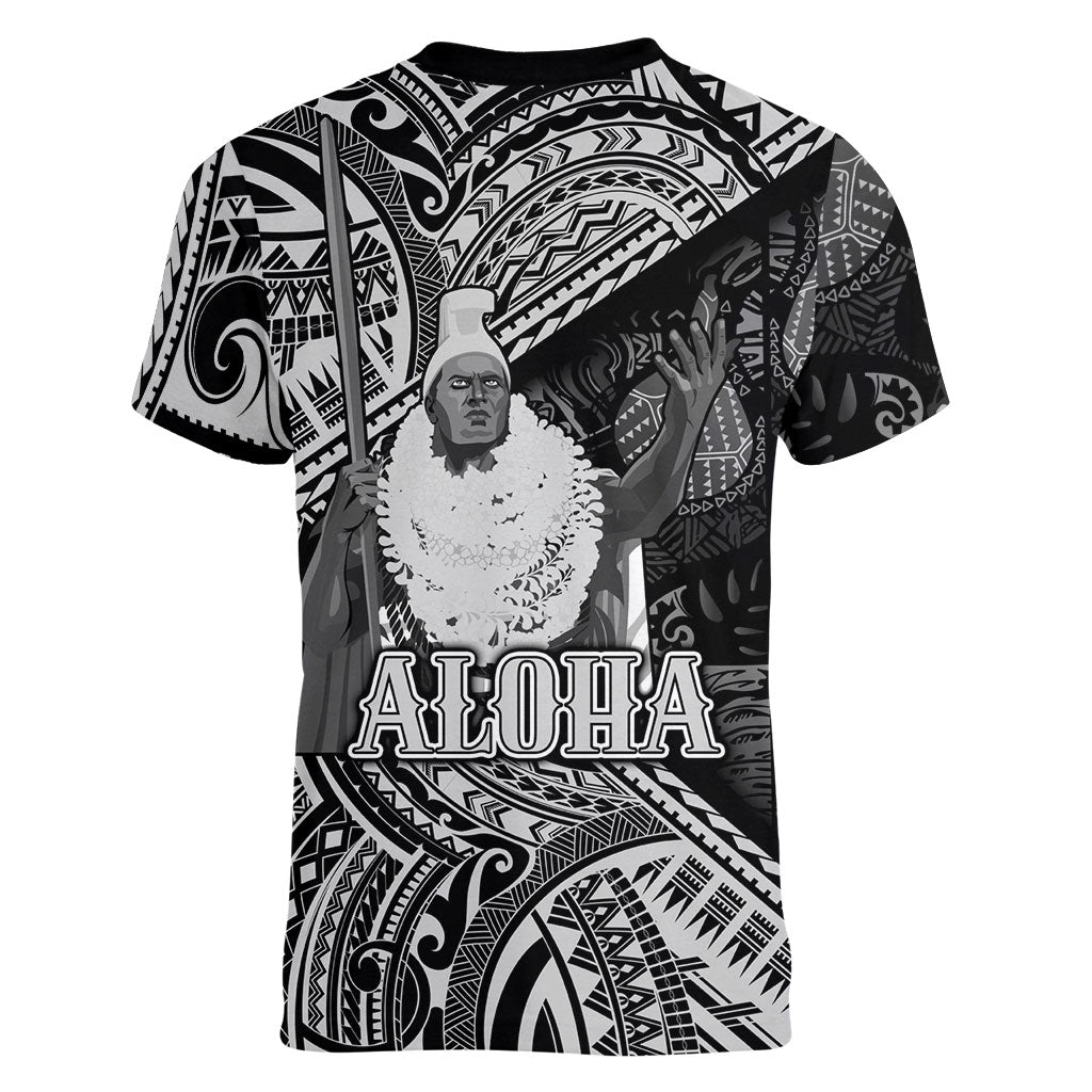 Hawaii King Kamehameha Women V-Neck T-Shirt With Hawaiian Ipu Motifs Black Version LT05 - Polynesian Pride