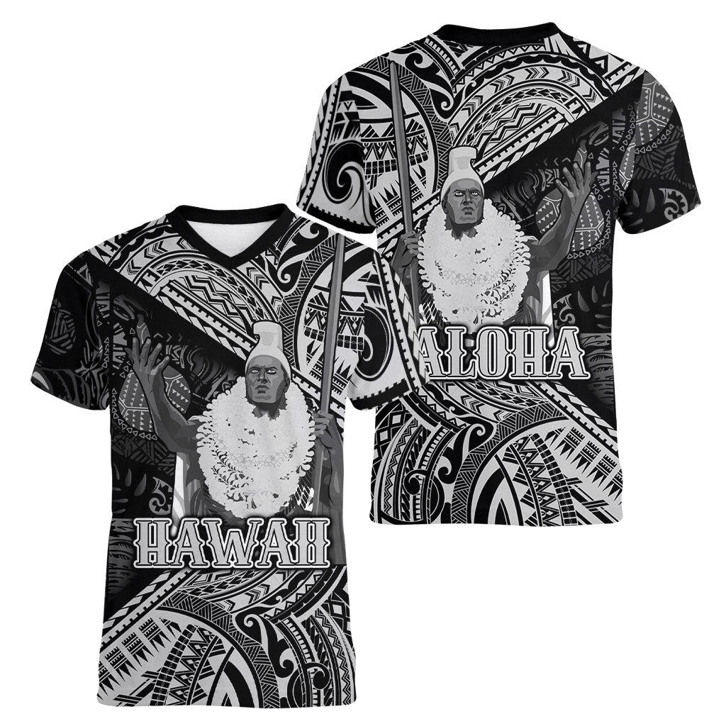 Hawaii King Kamehameha Women V-Neck T-Shirt With Hawaiian Ipu Motifs Black Version LT05 - Polynesian Pride