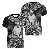 Hawaii King Kamehameha Women V-Neck T-Shirt With Hawaiian Ipu Motifs Black Version LT05 - Polynesian Pride