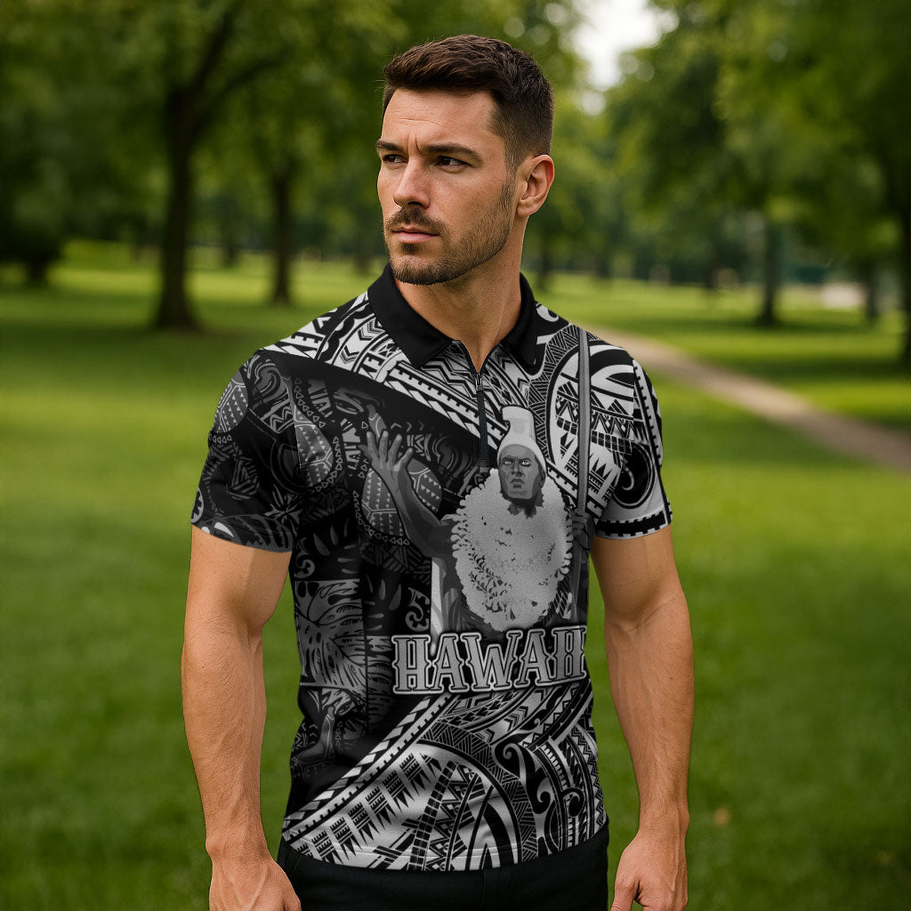 Hawaii King Kamehameha Zipper Polo Shirt With Hawaiian Ipu Motifs Black Version