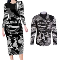 Hawaii Beautiful Hula Dancers Couples Matching Long Sleeve Bodycon Dress and Long Sleeve Button Shirt With Ipu Keke And Pahu Drum LT05 Black - Polynesian Pride