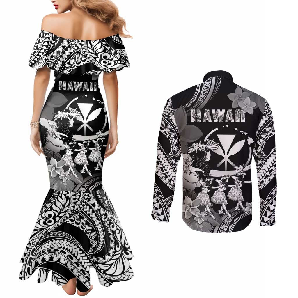 Hawaii Beautiful Hula Dancers Couples Matching Mermaid Dress and Long Sleeve Button Shirt With Ipu Keke And Pahu Drum LT05 - Polynesian Pride