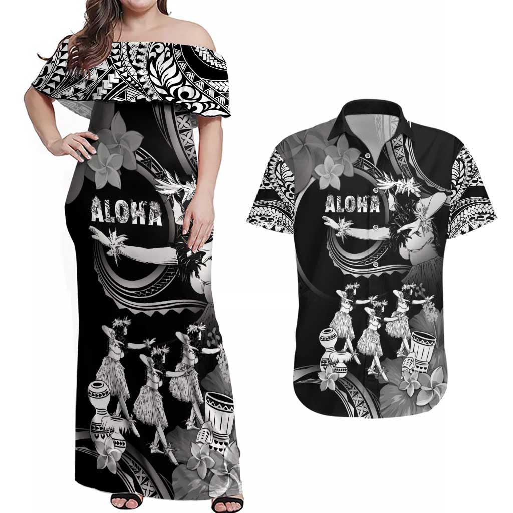 Hawaii Beautiful Hula Dancers Couples Matching Off Shoulder Maxi Dress and Hawaiian Shirt With Ipu Keke And Pahu Drum LT05 Black - Polynesian Pride