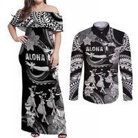 Hawaii Beautiful Hula Dancers Couples Matching Off Shoulder Maxi Dress and Long Sleeve Button Shirt With Ipu Keke And Pahu Drum LT05 Black - Polynesian Pride