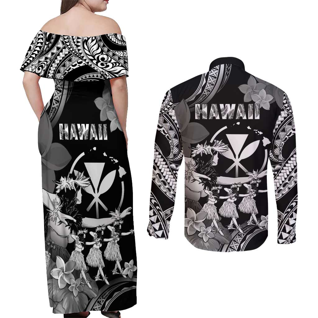 Hawaii Beautiful Hula Dancers Couples Matching Off Shoulder Maxi Dress and Long Sleeve Button Shirt With Ipu Keke And Pahu Drum LT05 - Polynesian Pride