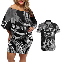 Hawaii Beautiful Hula Dancers Couples Matching Off Shoulder Short Dress and Hawaiian Shirt With Ipu Keke And Pahu Drum LT05 Black - Polynesian Pride