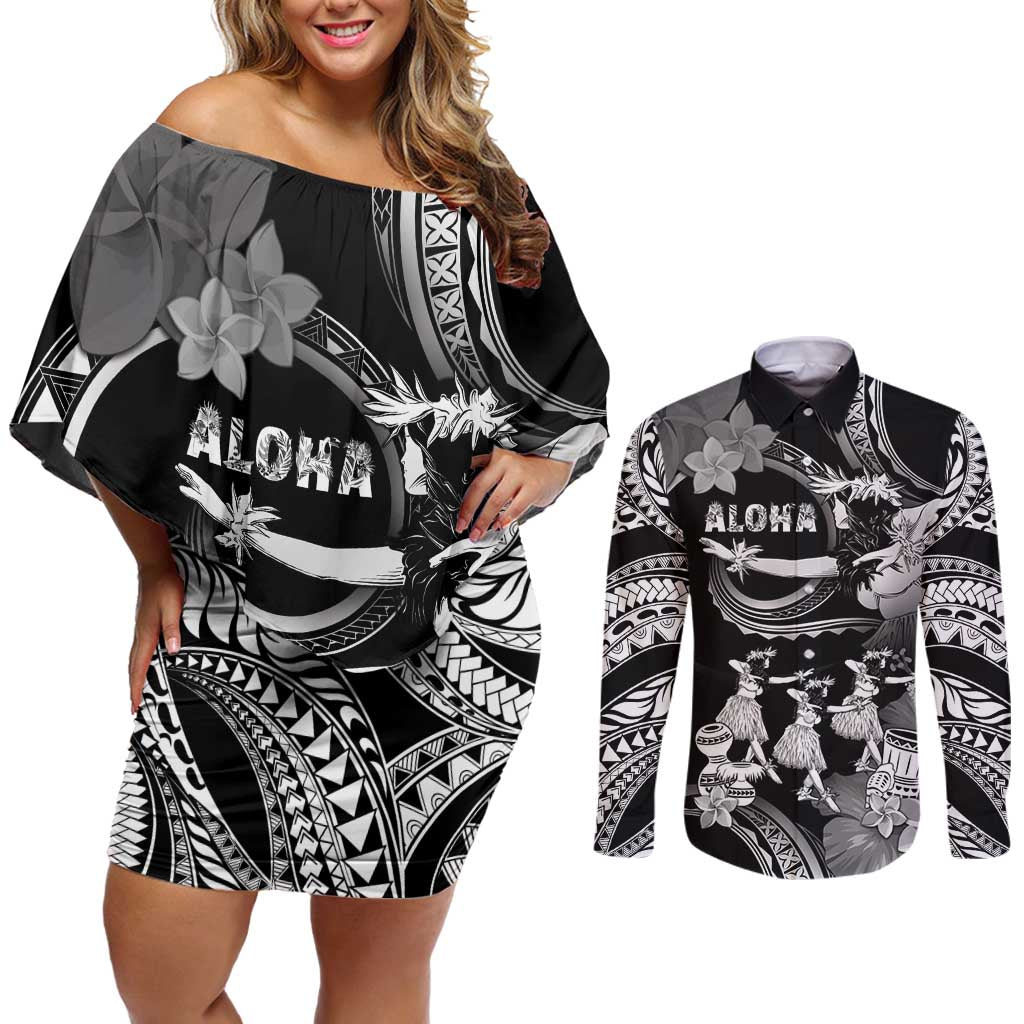 Hawaii Beautiful Hula Dancers Couples Matching Off Shoulder Short Dress and Long Sleeve Button Shirt With Ipu Keke And Pahu Drum LT05 Black - Polynesian Pride