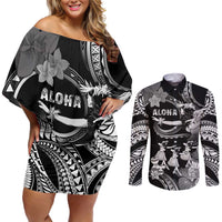 Hawaii Beautiful Hula Dancers Couples Matching Off Shoulder Short Dress and Long Sleeve Button Shirt With Ipu Keke And Pahu Drum LT05 Black - Polynesian Pride