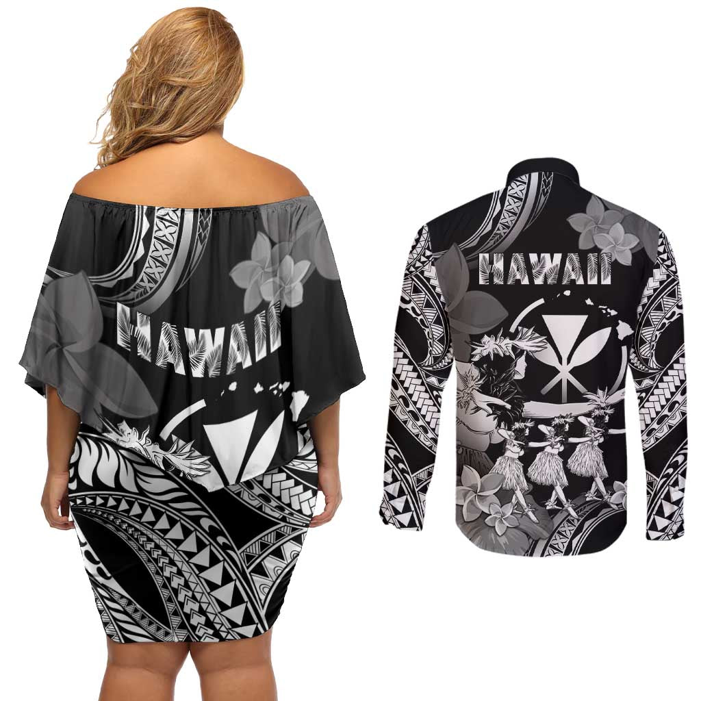 Hawaii Beautiful Hula Dancers Couples Matching Off Shoulder Short Dress and Long Sleeve Button Shirt With Ipu Keke And Pahu Drum LT05 - Polynesian Pride