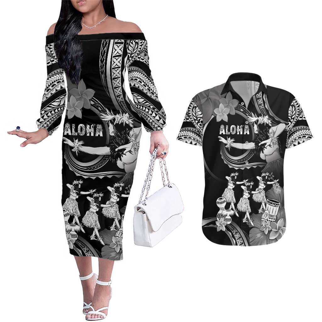Hawaii Beautiful Hula Dancers Couples Matching Off The Shoulder Long Sleeve Dress and Hawaiian Shirt With Ipu Keke And Pahu Drum LT05 Black - Polynesian Pride