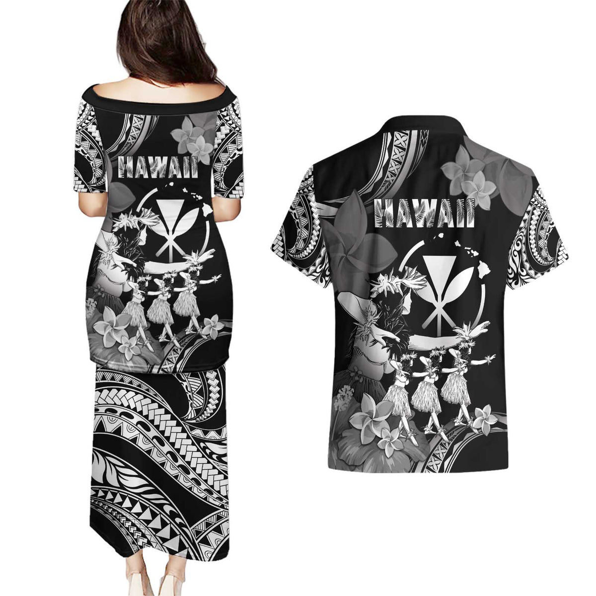 Hawaii Beautiful Hula Dancers Couples Matching Puletasi and Hawaiian Shirt With Ipu Keke And Pahu Drum LT05 - Polynesian Pride