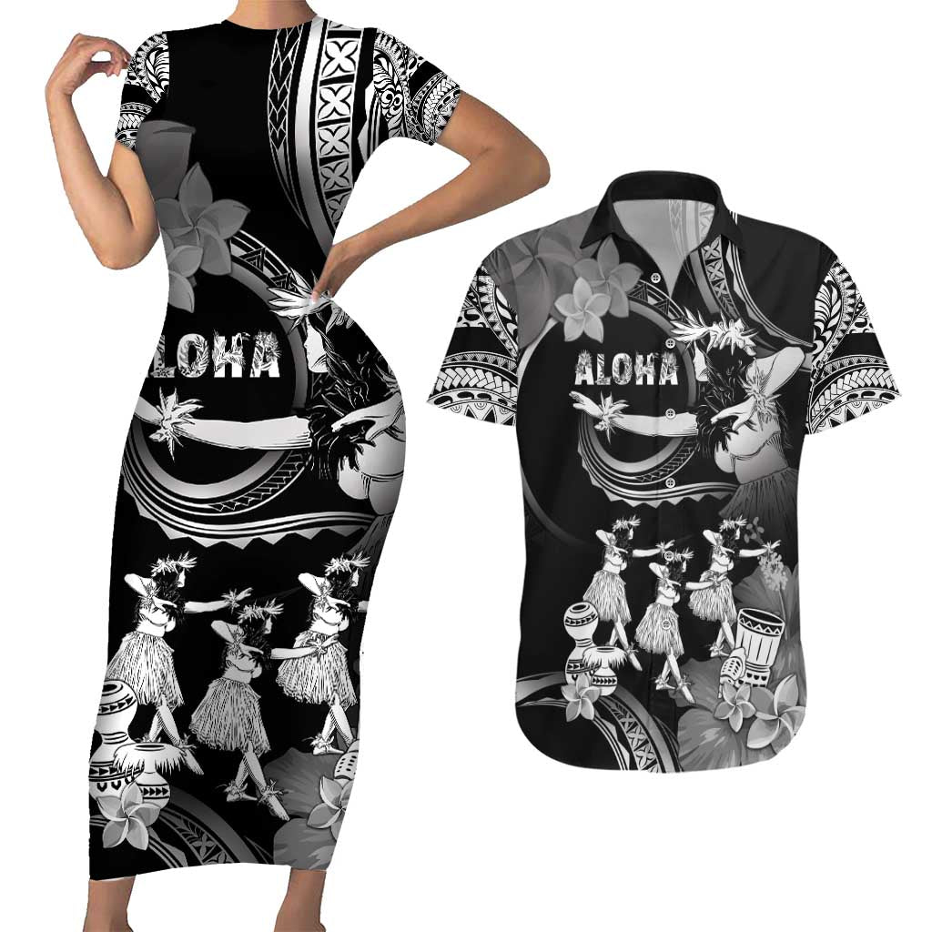Hawaii Beautiful Hula Dancers Couples Matching Short Sleeve Bodycon Dress and Hawaiian Shirt With Ipu Keke And Pahu Drum LT05 Black - Polynesian Pride