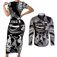 Hawaii Beautiful Hula Dancers Couples Matching Short Sleeve Bodycon Dress and Long Sleeve Button Shirt With Ipu Keke And Pahu Drum LT05 Black - Polynesian Pride