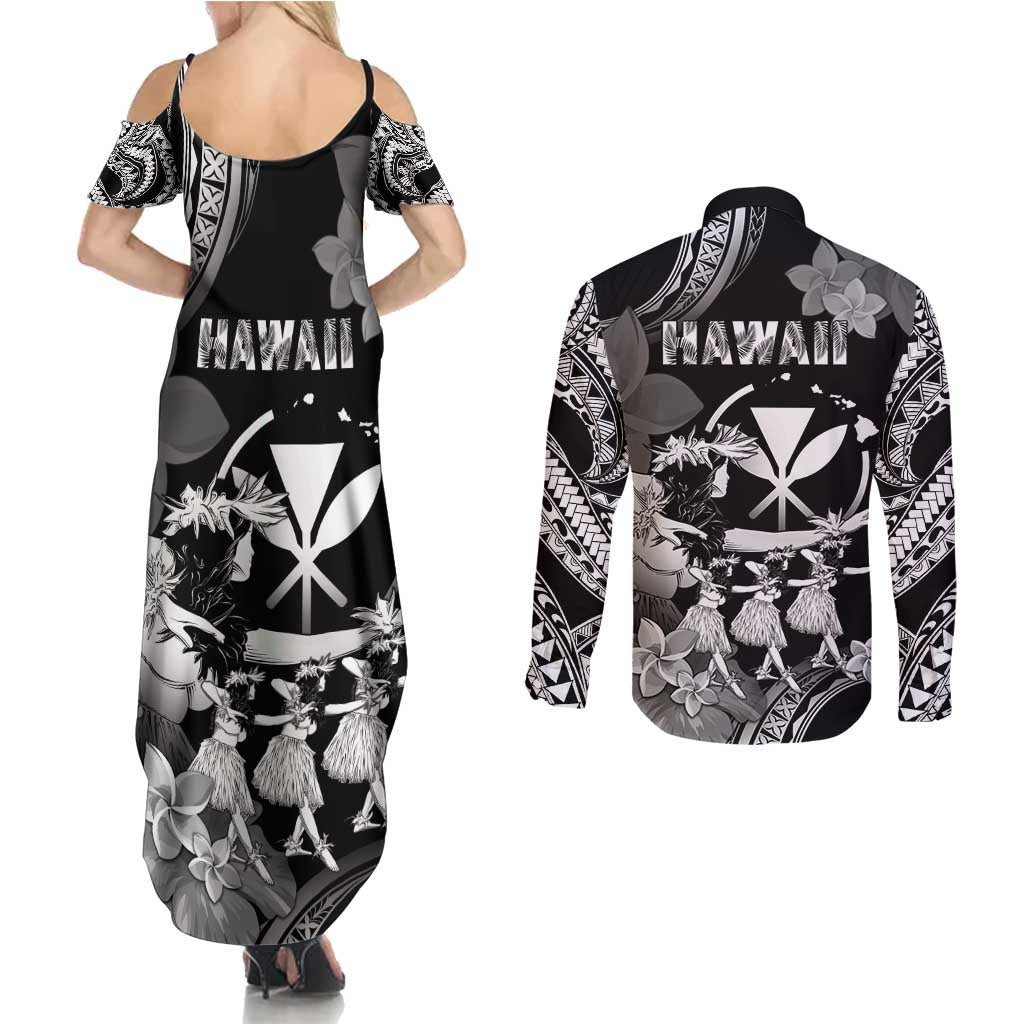 Hawaii Beautiful Hula Dancers Couples Matching Summer Maxi Dress and Long Sleeve Button Shirt With Ipu Keke And Pahu Drum LT05 - Polynesian Pride