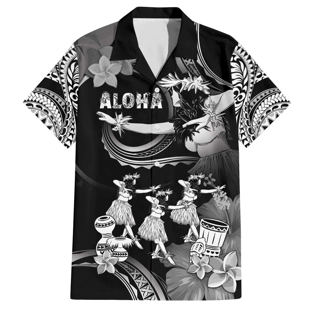 Hawaii Beautiful Hula Dancers Family Matching Off The Shoulder Long Sleeve Dress and Hawaiian Shirt With Ipu Keke And Pahu Drum LT05 Dad's Shirt - Short Sleeve Black - Polynesian Pride