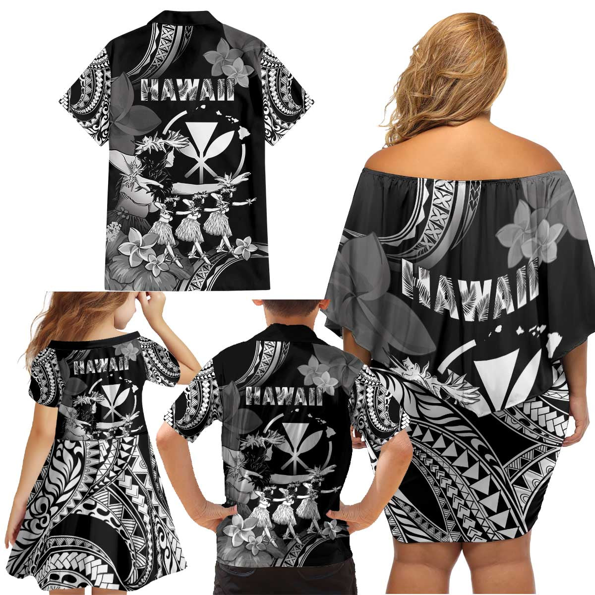 Hawaii Beautiful Hula Dancers Family Matching Off Shoulder Short Dress and Hawaiian Shirt With Ipu Keke And Pahu Drum LT05 - Polynesian Pride