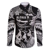 Hawaii Beautiful Hula Dancers Family Matching Off Shoulder Short Dress and Hawaiian Shirt With Ipu Keke And Pahu Drum LT05 Dad's Shirt - Long Sleeve Black - Polynesian Pride