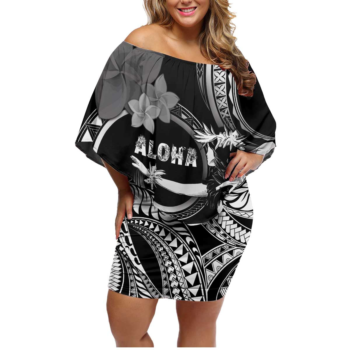 Hawaii Beautiful Hula Dancers Family Matching Off Shoulder Short Dress and Hawaiian Shirt With Ipu Keke And Pahu Drum LT05 Mom's Dress Black - Polynesian Pride