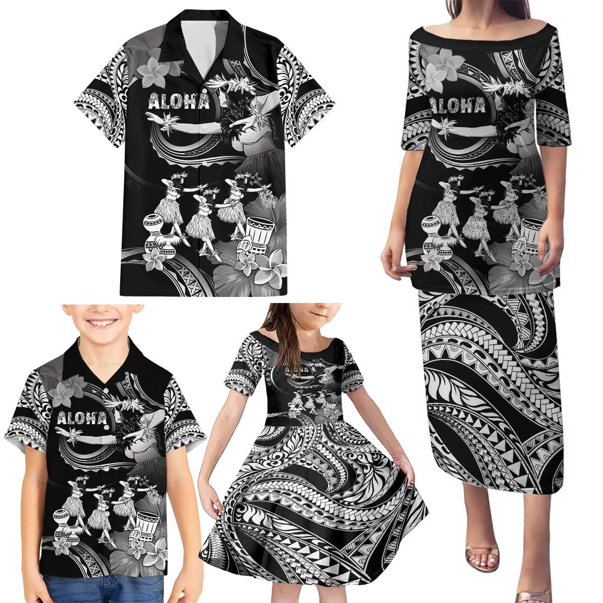 Hawaii Beautiful Hula Dancers Family Matching Puletasi and Hawaiian Shirt With Ipu Keke And Pahu Drum LT05 - Polynesian Pride