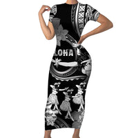 Hawaii Beautiful Hula Dancers Family Matching Short Sleeve Bodycon Dress and Hawaiian Shirt With Ipu Keke And Pahu Drum LT05 Mom's Dress Black - Polynesian Pride