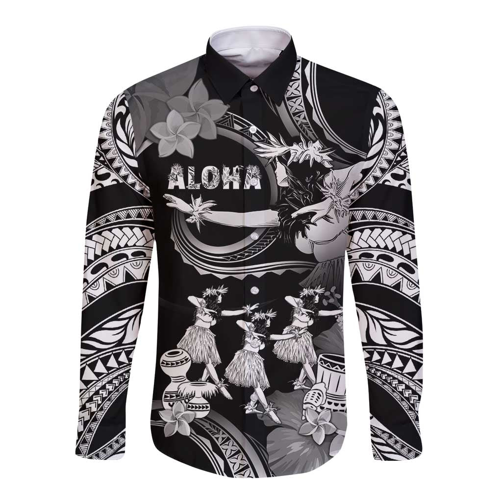 Hawaii Beautiful Hula Dancers Long Sleeve Button Shirt With Ipu Keke And Pahu Drum LT05 Unisex Black - Polynesian Pride