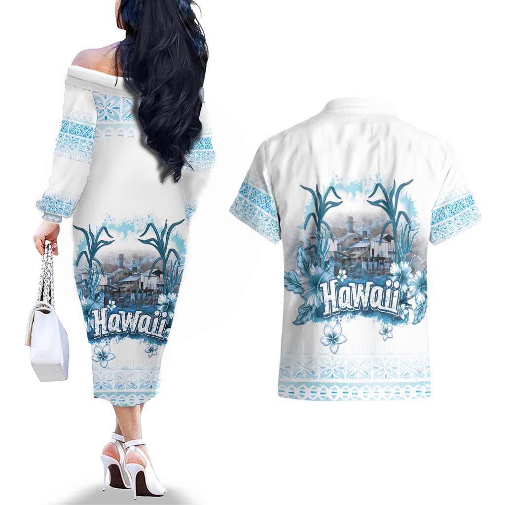 Hawaii Sugar Plantation Couples Matching Off The Shoulder Long Sleeve Dress and Hawaiian Shirt With Hawaiian Tapa Pattern LT05 - Polynesian Pride
