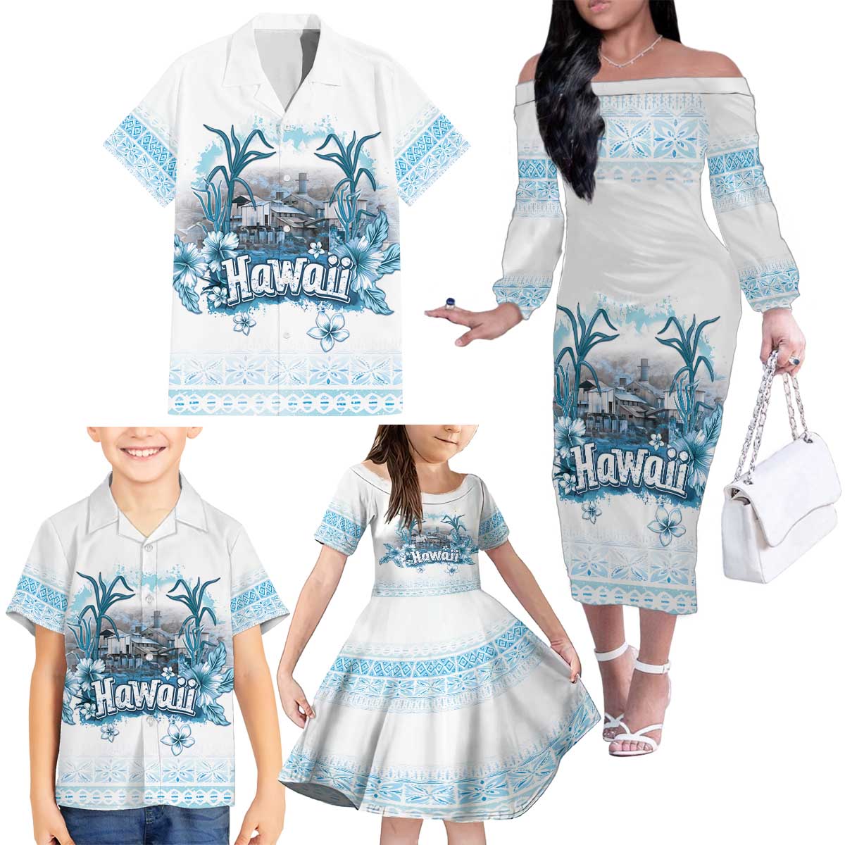 Hawaii Sugar Plantation Family Matching Off The Shoulder Long Sleeve Dress and Hawaiian Shirt With Hawaiian Tapa Pattern LT05 - Polynesian Pride