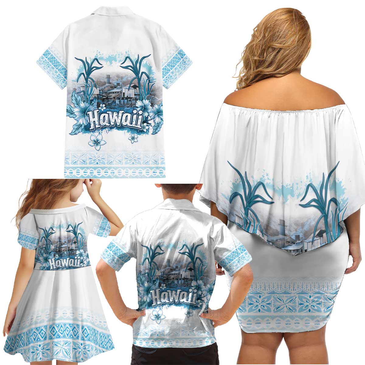 Hawaii Sugar Plantation Family Matching Off Shoulder Short Dress and Hawaiian Shirt With Hawaiian Tapa Pattern LT05 - Polynesian Pride